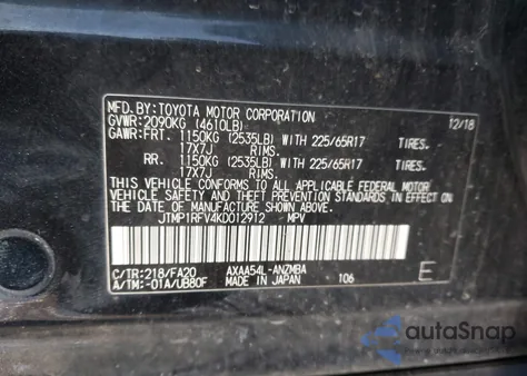 2019 Toyota Rav4 Xle из США, поврежденный, VIN JTMP1RFV4KD012912